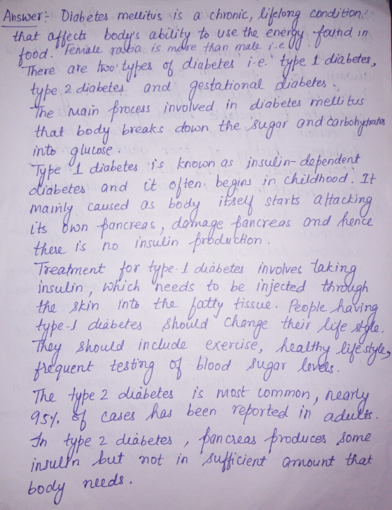 Answer Diabetes metlitus is a chronic, lilelong condition that affech bodys ability to use the energy found in od.Fevale rak