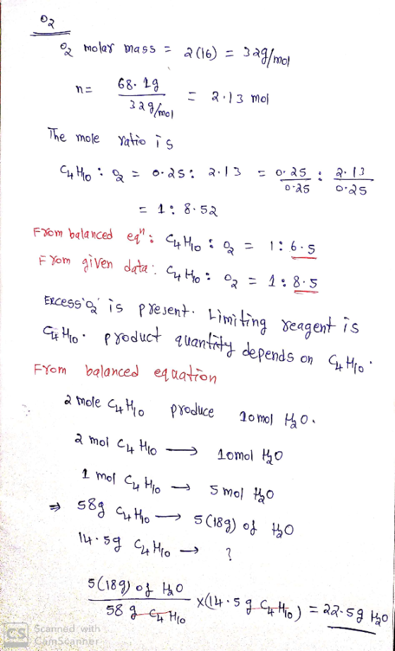 ©2 Oz molar mass = Q(16) = 3ag/mol n= 68. 19 2:13 mol 32g/mol The mole ratio is Gu Ho: a = 0.25: 2:13 - 025 ; 2.13 0.25 0.25