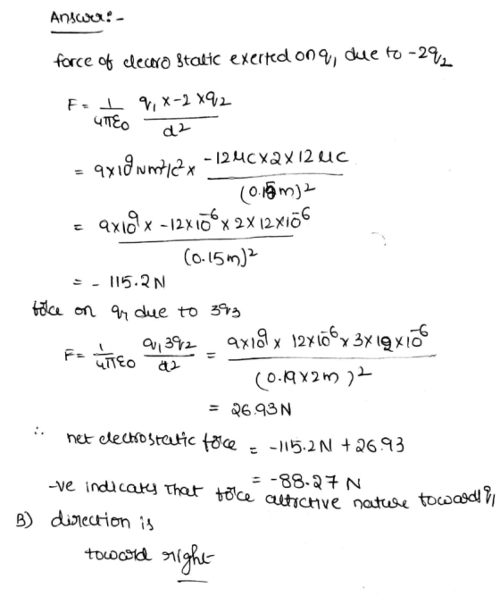 Answer:- force of clecaro stalic exerted on , due to -292 F I 9, X-2 X92 UTEO d2 = qxionmlczy-1240X2X12 elc (0.19 m)2 = axio