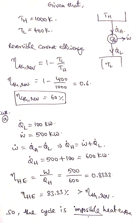so, the cycle is imposible heat effe Given that, TH TH - 1000K TL = 400k. QH ge .3 Reversible cannot elhiciency, QL Meneer sl