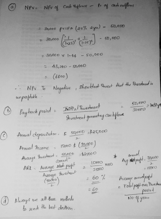 @ NPV = NPV of cash inflows - Pr of cash outflows. - 30,000 prift (25% @yu) - 50,000 = 30,000 (bass tabss) - 50,000 = 30,000