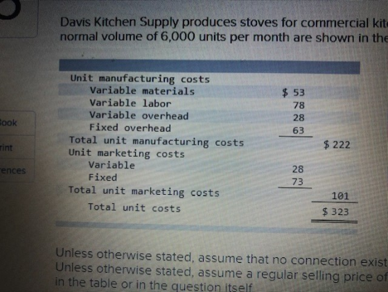 Davis Kitchen Supply produces stoves for commercial kit normal volume of 6,000 units per month are shown in the $ 53 78 28 63