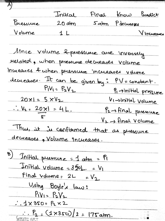 Finat knouo edie Sam Pdeteaga V olume 1 L , when pueume ole cueases Volume încu eaoes f- cohen It can be gven by PV constant f -»iniHal presure- Vi ?initial volume V2 , 20 xl 4 L.- ?-final ?????? -- Va ? Anal Volume Thu decxeases , Vol Tnitial volume 350L. e Vi UAing Boyle U ART
