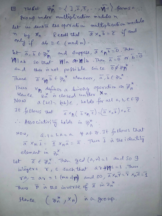 Evi n * let a, 5 EZA Mlab and us denote the operation multiplication modulo The Bet 29 = { 1, 2, 3, .n forms a group under mu