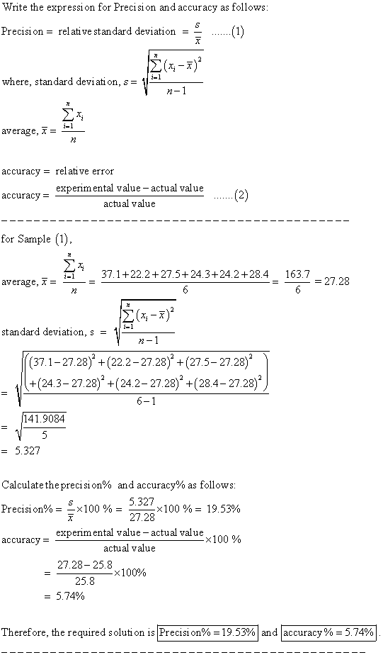 Write the expression for Precision and accuracy as follows: Precision = relative standard deviation = - (137) where, standard