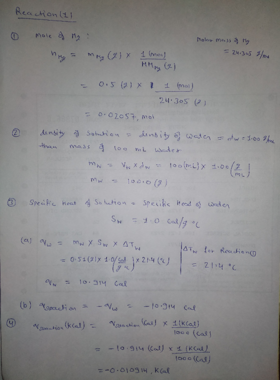 Reaction (1) 0 mole of Mr : mg = mmg (2) Holar mass of Mg = 24.305 9/04 1 (mol) MMM, (a) = 0.5 (21 x 1 (mol) 24.305 (2) = 0.0