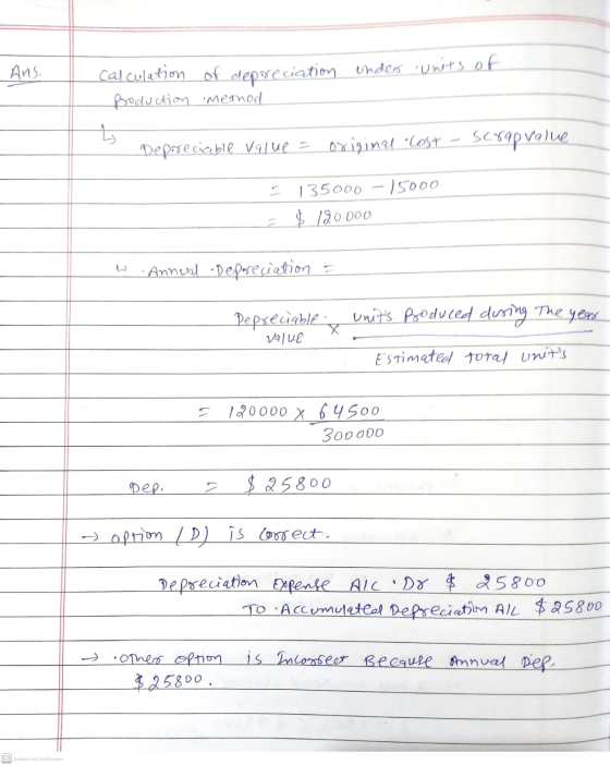 Ans. Calculation of depreciation under units of Production method 0 original Lost Depreciable value = scrapvalue 135000 -150