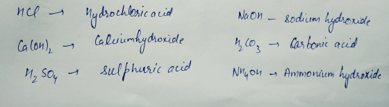 ne Calon), - 4.sou ydrochloric acid Calciumhydroxide sulphuric acid Neon – sodium hydroxide M.CO - Carbonic acid Nhyon - Ammo