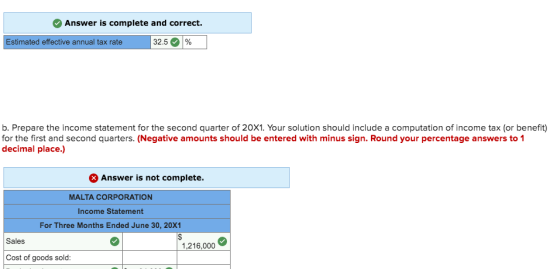 Answer is complete and correct. Estimated effective annual tax rate 32.5 % b. Prepare the income statement for the second qua