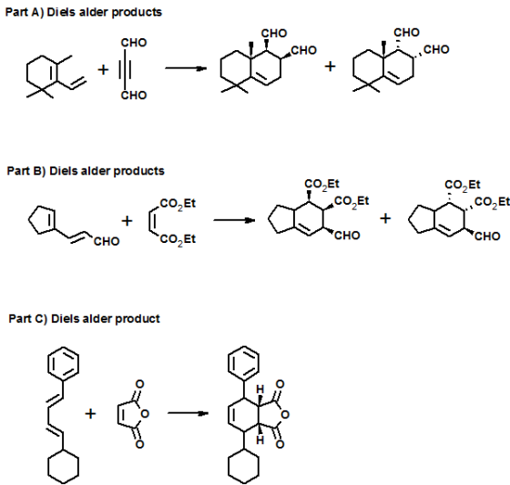 Part A) Diels alder products CHO CHO CHO CHO CHO CHO Part B) Diels alder products CO2Et COEt COEt CO.Et CO Et CHO CO Et CHO C