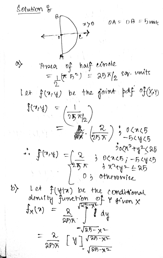 Solution o nyo OA = OB = humala 0 A al Area of half cinde ( 52 ) = 257/2sav. units let flary) be the goint pdf of (x,y) . ffa