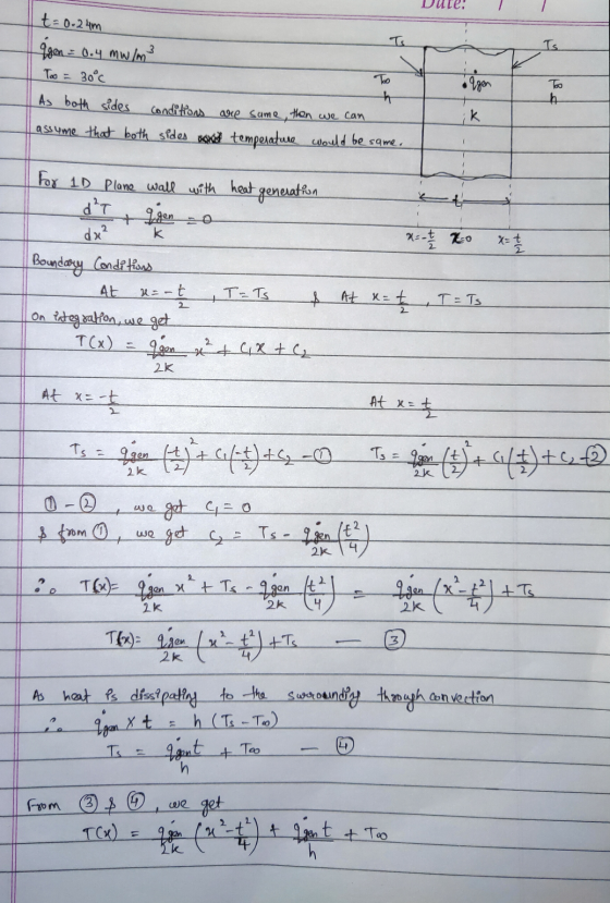 t=0-24m Is • Igen agen = 0.4 W/m² Too = 30°c Too h As both sides conditions are same, then we can assume that both sides and