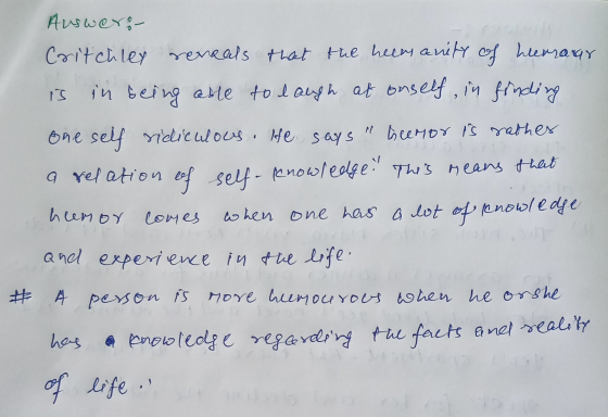 Auswerg- Critchley reveals that the neem anity of heerraar is in being asle to laugh at onself, in finding One self ridiculou