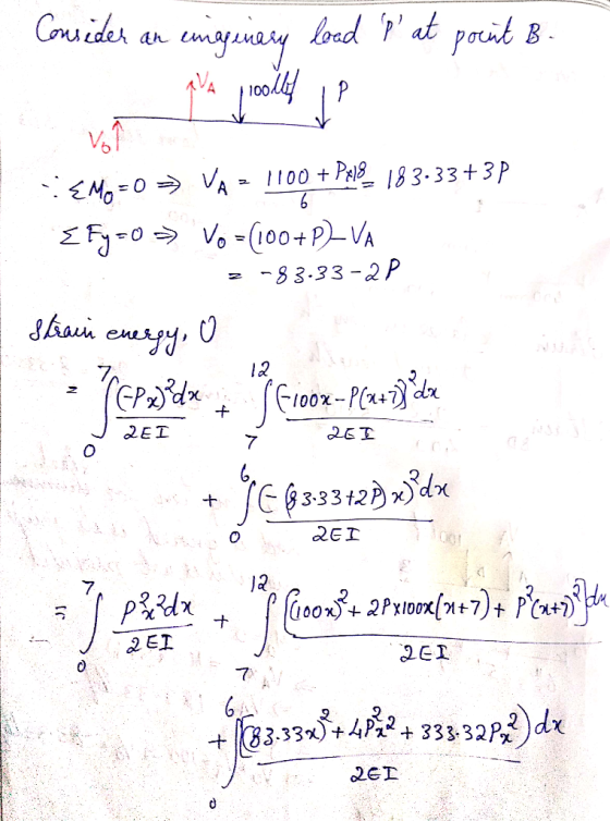 Consider an enginesy load p at poent B - - €Mg =O > VA = 1100 + P818 183.33+3P {Fy=0 Vo=(100+P) VA = -83-33-2P Strani enesp