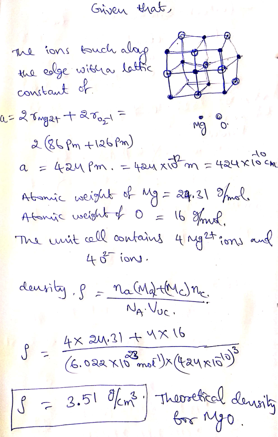 do =4248loch a m a=2 rugat +28031 9/m3 | Theoretical density Given that, The ions bouch along the colge with a lattic constan