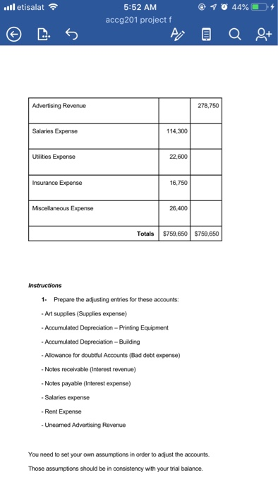 il etisalat @40 44% 5:52 AM accg201 project f Advertising Revenue 278.750 Salaries Expense 114,300 Utilities Expense 22.600 I
