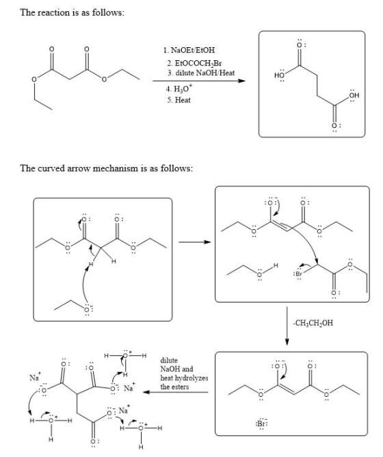 The reaction is as follows O: 1. NaOEtEtOH 2. EtOCOCH Br 3. dilute NaOH Heat 4. H3O 5. Heat но он The curved arrow mechanism