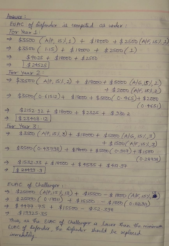 Answer: EUAC of Defender is computed as under: For Year 1: → $3500 (AlP, 15),1) + $18000 + $ 2500 (ALF, 15),1) → $3500 ( 1.15