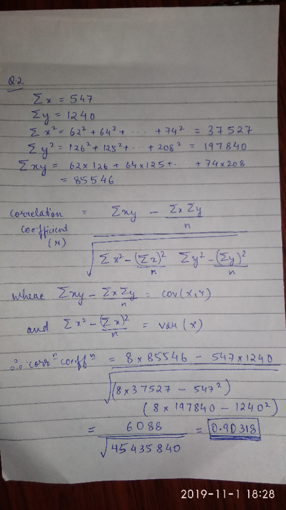 Ex=547 Ey = 1240 E x² = 62² + 642 + ... + 742 = 37527 Ey ² = 1 2 6 ² + 125² + ... +208² - 197840 Z ny = 62x 126 + 64 x 125t..