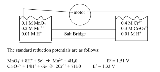 motor 0.1 M MnO4 0.2 M Mn2+ 0.01 M H 0.4 M Cr3+ 0.3 M Cr202 0.01 MH Salt Bridge The standard reduction potentials are as follows MnO4-+ 8H+ + 5e-→ Mn2+ + 4H20 CnO,2 + 14H+ + 6e-→ 2CP+ + 7H20 E= 1.51 V Eoー1.33 V