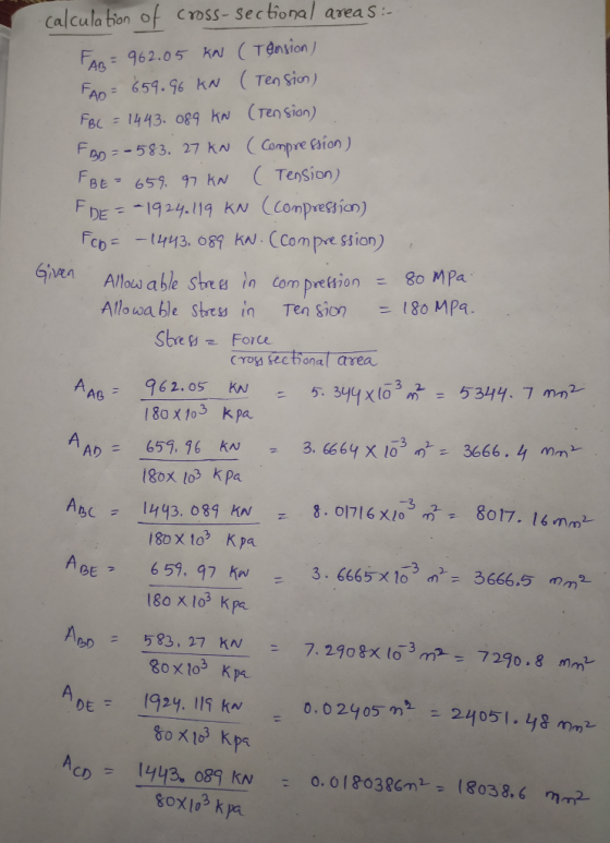 Calcula bon of Cro5s- Sectonal area S FAB ะ 962.05 kn (Tension FA 659.96 kw (Ten Sion) Fsc 1443. 089 N CTen sion) Bo -583. 27
