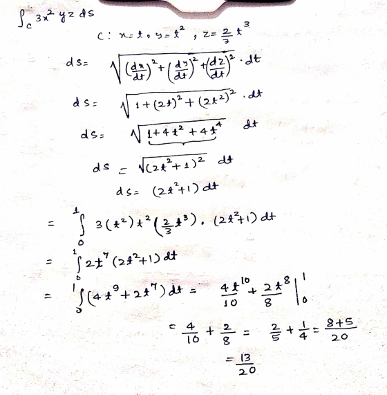 f. 3x²yz ds c: not, yet? 3 9 Z= 2 A ds= Non + (0) Hel) dt .dt ds= dt ds= ds E 1+(2+)2+(242) W !+4 +2 +4** Nc24²+ 1)2 at ds= (