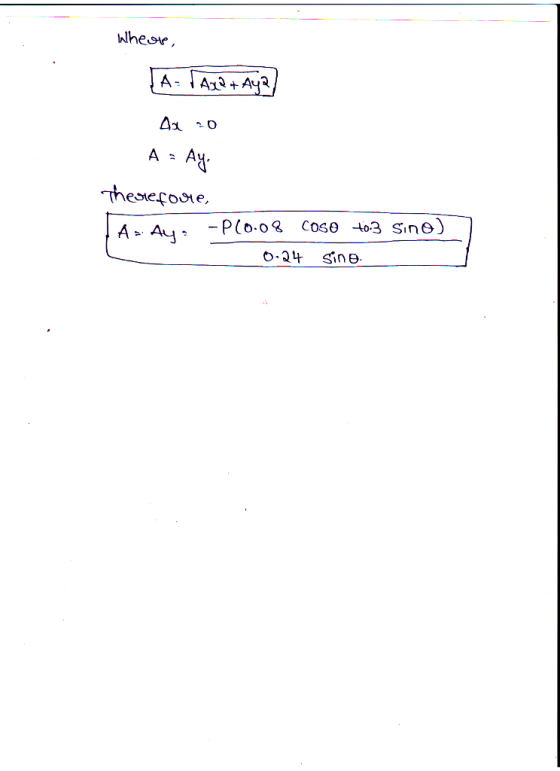 Wheup, [A- TAX + Aya 4x 10 A = Ay Therefore, TAX Ay-P(0.08 cose +0:3 Sino) 0.24 Sino