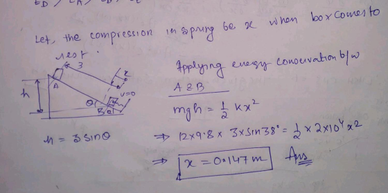 be re when box comes to spring Let the compression in rest Applying energy conservation ofw A A 2B h M = 3 sino might kx² = 1