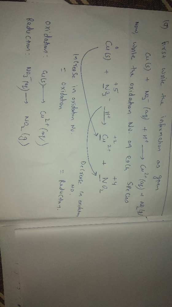 (a) first write the information as Cuis) & Nog (aq) + + Now, write the oxidation No. on each +2 Cu(s) + Nght Cut & gren + (ap