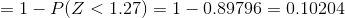 =1-P(Z<1.27)=1-0.89796=0.10204