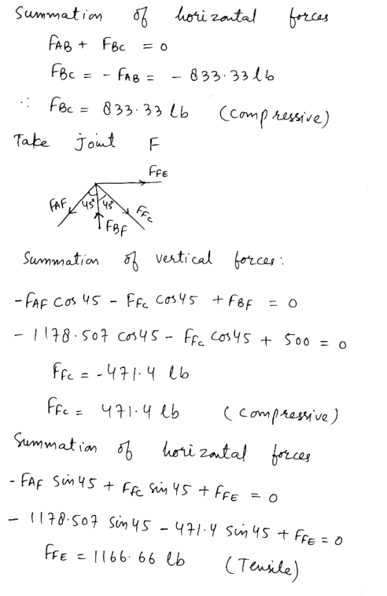summation of horizontal forces FAB + FBc =0 FBc = - FAB = - 833.3366 FBc = 833.33 lb (compressive) Take Joint F - FFE . Summa