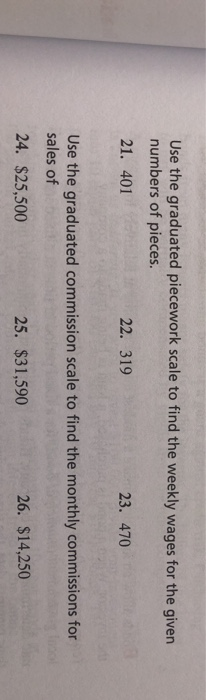Use the graduated piecework scale to find the weekly wages for the given numbers of pieces. 21. 401 22. 319 23. 470 Use the g