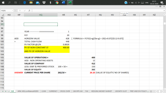 12 e 59W 2 v D 02-23 ENG 28-02-2020 21 HQ95 HO HP HQ HR HS HT HU HV Formula Bar πνν HX HY HZ 20 ADD ( FORMULA = FCF3(1+g)/(ke