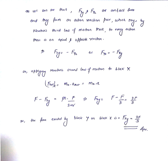 as wl Can see that iox contact forte and the Newtons therd lao motron ern u an equal opposik rtachou Fx So, apbl 8 3 m so, the fora exeikol by block 3