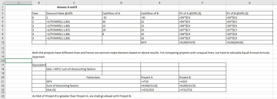 Answer A and B Discount Rate @10% Cashflow of a Cashflow of B -35 20 12 =1/POWER(1.1,B5) =1/POWER(1.1, B6) =1/POWER(1.1,B7) =