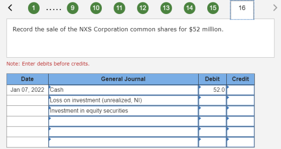 Record the sale of the NXS Corporation common shares for $52 million. Note: Enter debits before credits. Credit Debit 52.0 Da