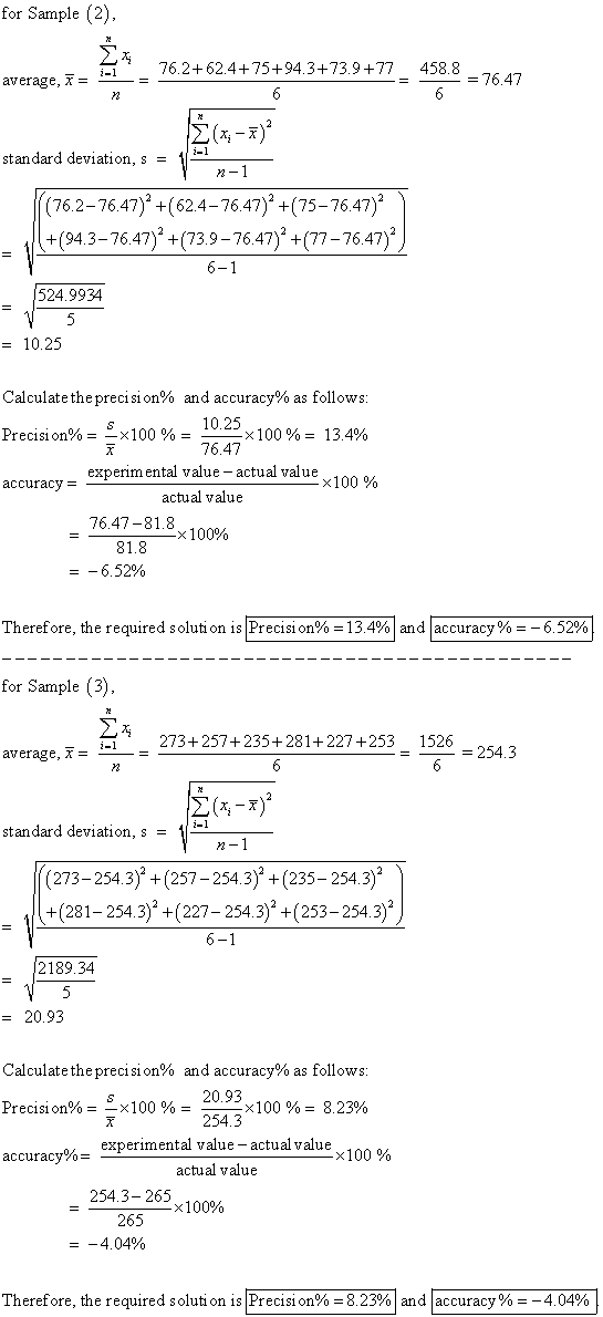 for Sample (2), 76.2+62.4+75+94.3+73.9+77 458.8 average, = = 76.47 2x standard deviation, s = 11 1-1 (76.2-76.47)* +(62.4–76.