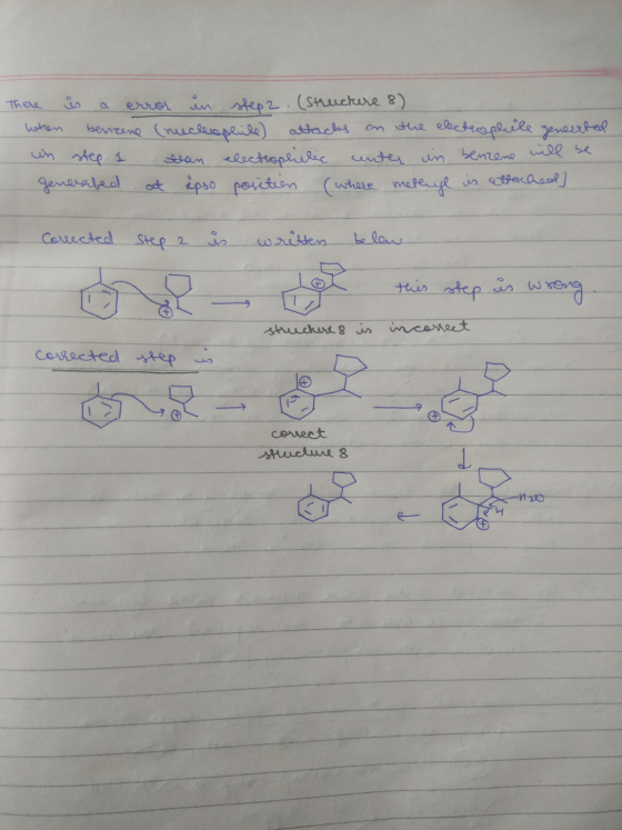 There is a error in step 2. (Structure 8) When benzene (nucleophile) attacks on the electrophile geneuted un step 1 than elec