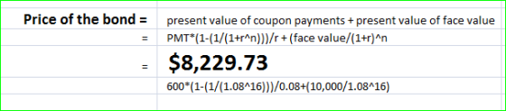 Price of the bond = present value of coupon payments + present value of face value PMT*(1-(1/(1+r^n)))/r+(face value/(1+r)^n