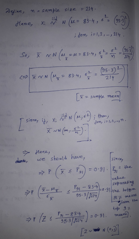 ayine, n-sample size = 214. dene,x: N i don, i=1,2,-. , 214, (953) x211 sample mean ラ. Here dnt, we should have sincey 91 -834 95.3 214 value ceparat σ.gl|the bottom tom the top 9 y