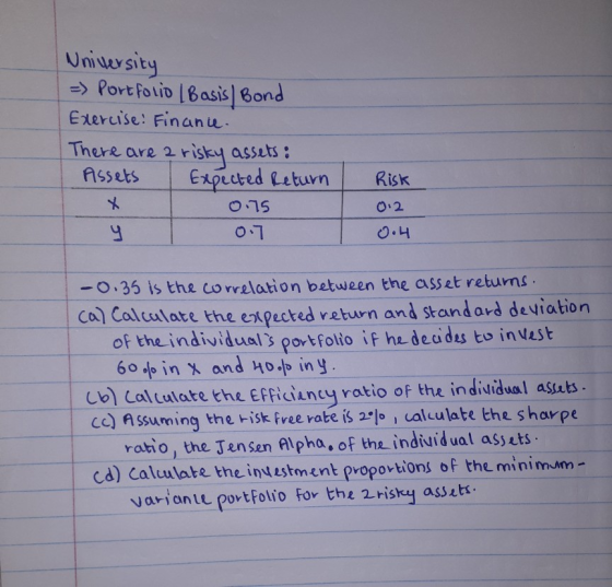 University = Portfolio | Basis Bond Exercise: Finance. There are a risky assets: Assets Expected Return / X 0.75 Y I 0.7 Risk