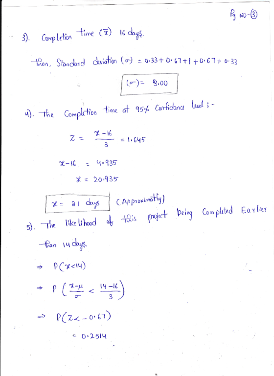 Pq No-B 3). Completion time (7) 16 days. then, Standard deviation (O) = 0.33+0.67+1 +0.67+ 0-33 ()- com)= 9:00 9.00 4). The C