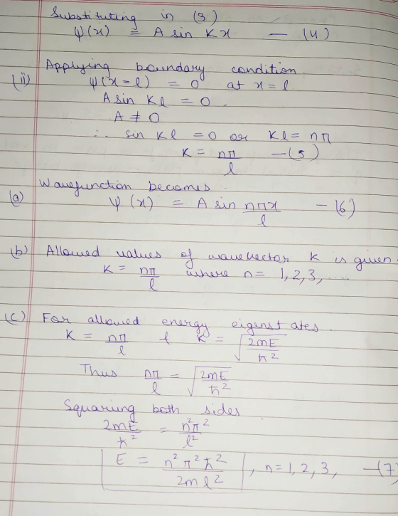 Substituting W(2) - in (3) A sin ka - (1) Applying boundary condition wla= = 0 at a= l. A sin ke= 0 A to i sin ke=0 or Kl=na