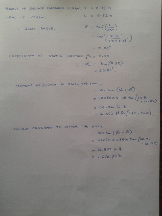 RADIUS OF SQUARE TenpeD SCREW, = 0.38 in LEAD OF SCREW, L = 0.5l in HEUX ANGLE, ) o = tant ( 22 ) tas ( 0-51 (27x0-38 = 12.