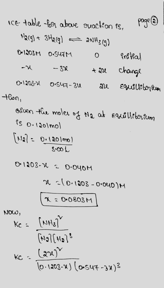 oce table for above reaction is, page (2) Marg) + 3H2(g) = 2NH3(g) 8. 1203M 0.5UIM o initial an - 3re tare change 0-1203-1 0.