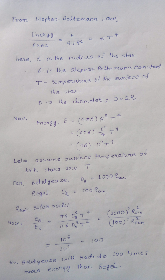 From Stephan. Boltzmann Law, Energy E gTT Area 44R2 here, R is the padius of the star. o is the stephan-Boltzmann constant T=