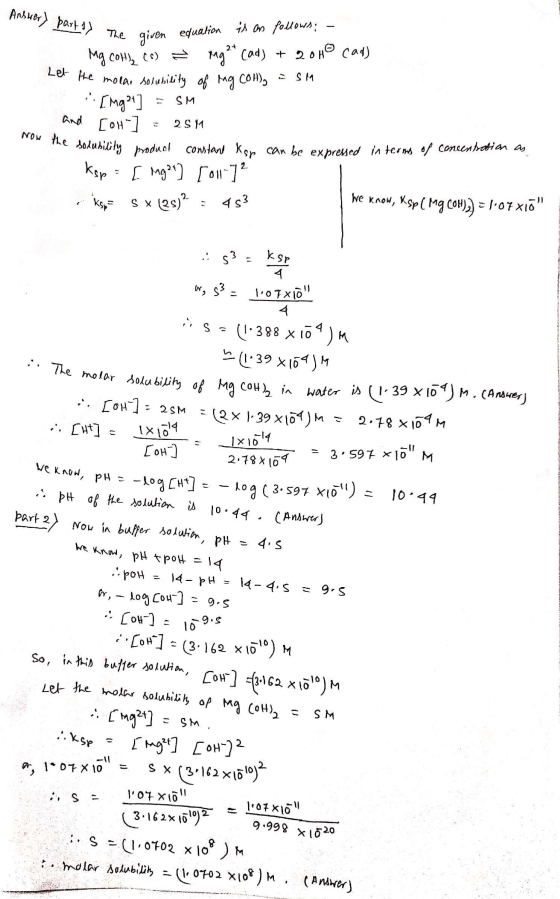 Ansher) part) The give Part) The given equation is as follows: - Mg CO₂ (s) mg * (ad) + 2040 (ad) Let the molar solubility of
