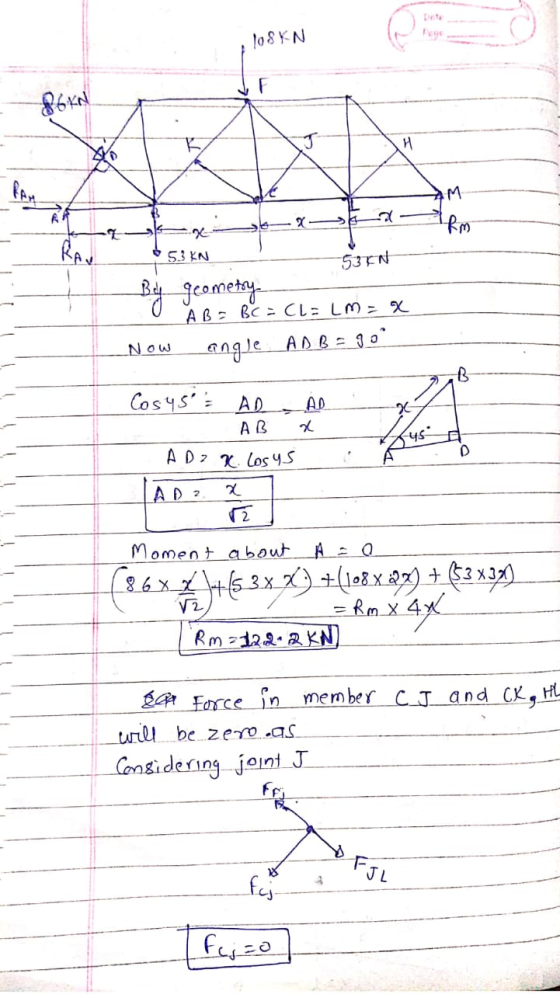 , 108 KN 3 KN 530N By geometry ÅBS BC = CLELM= x angle ADB = 90 Now Cosus = AD AB AD AD K. Los4S AD 2 x Moment about A - a (8