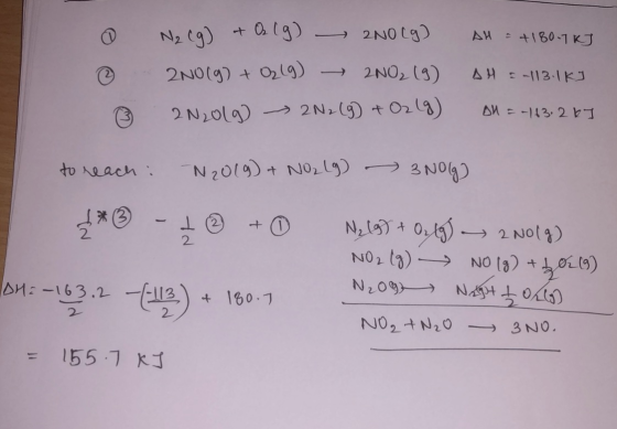 Ne (g) + O2(g) 2NO(g) 200 (9) + O2(g) → 2N02 (9) 2N2O(g) - 2N2(g) + O2(9) AH = +180.7 kJ AH = 113.1kg Ol = -163.2 kJ 3 to rea