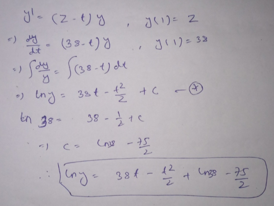 y = (2-t) y y (1)= 2 yl 1) = 38 تل ole lot (38-4) y ((38-4) de + 2 to te - say i eny= 38€ - 4² y tn 38- 38 - J 2 Unis -ts iny